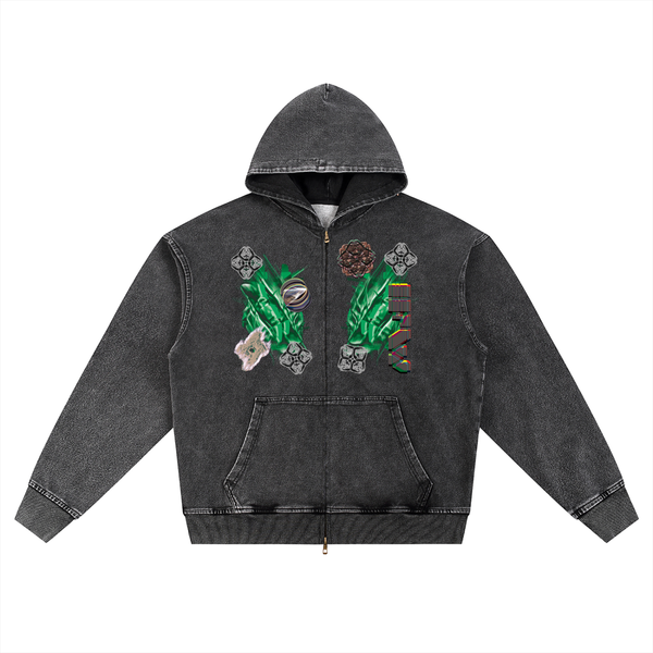 IFW Mixed Icon Snow Wash Oversized Zip-Up Hoodie